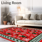 Holiday Elf Red Evergreen Snowflake Scene Rug