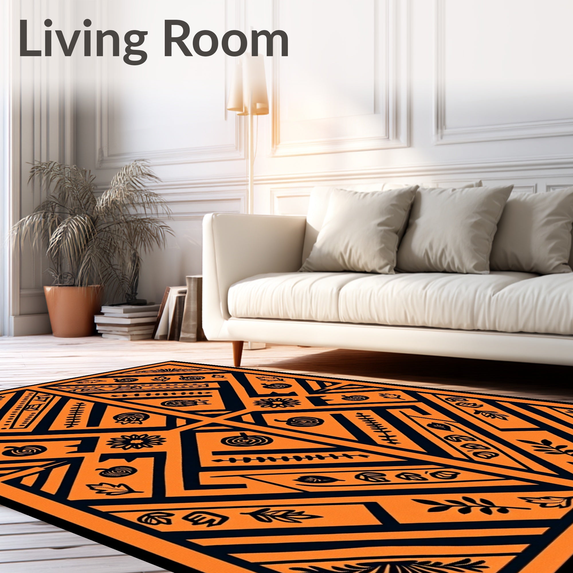 Bold Orange Black Geometric Floral Pattern Rug