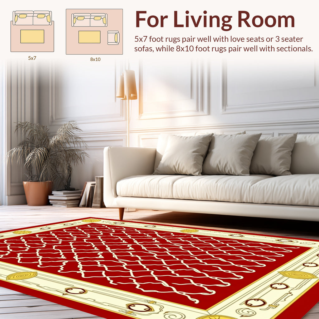 Red Lattice Bordered Decorative Design Rug