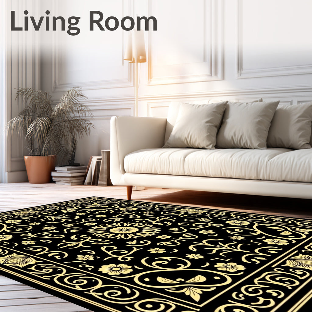 Classic Floral Scrollwork Black Gold Rug