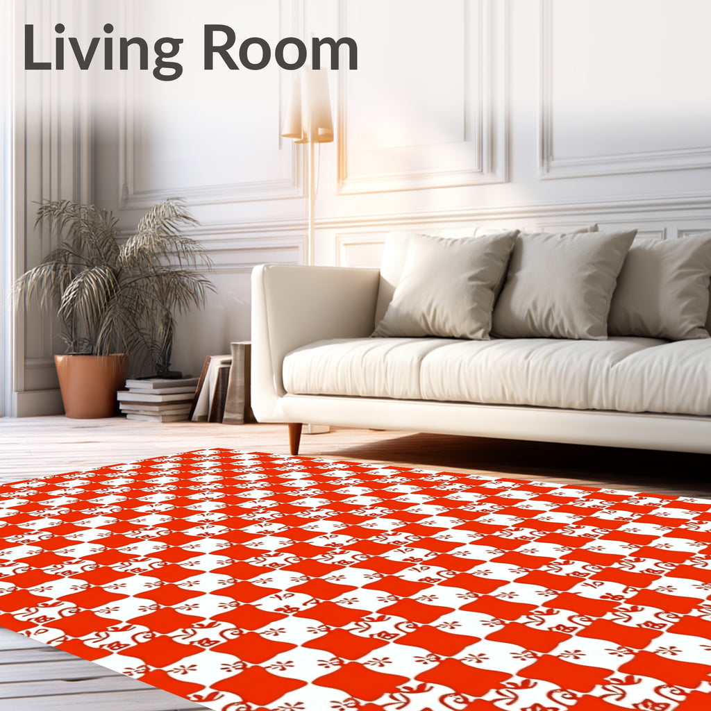 Red White Checkerboard Floral Pattern Rug