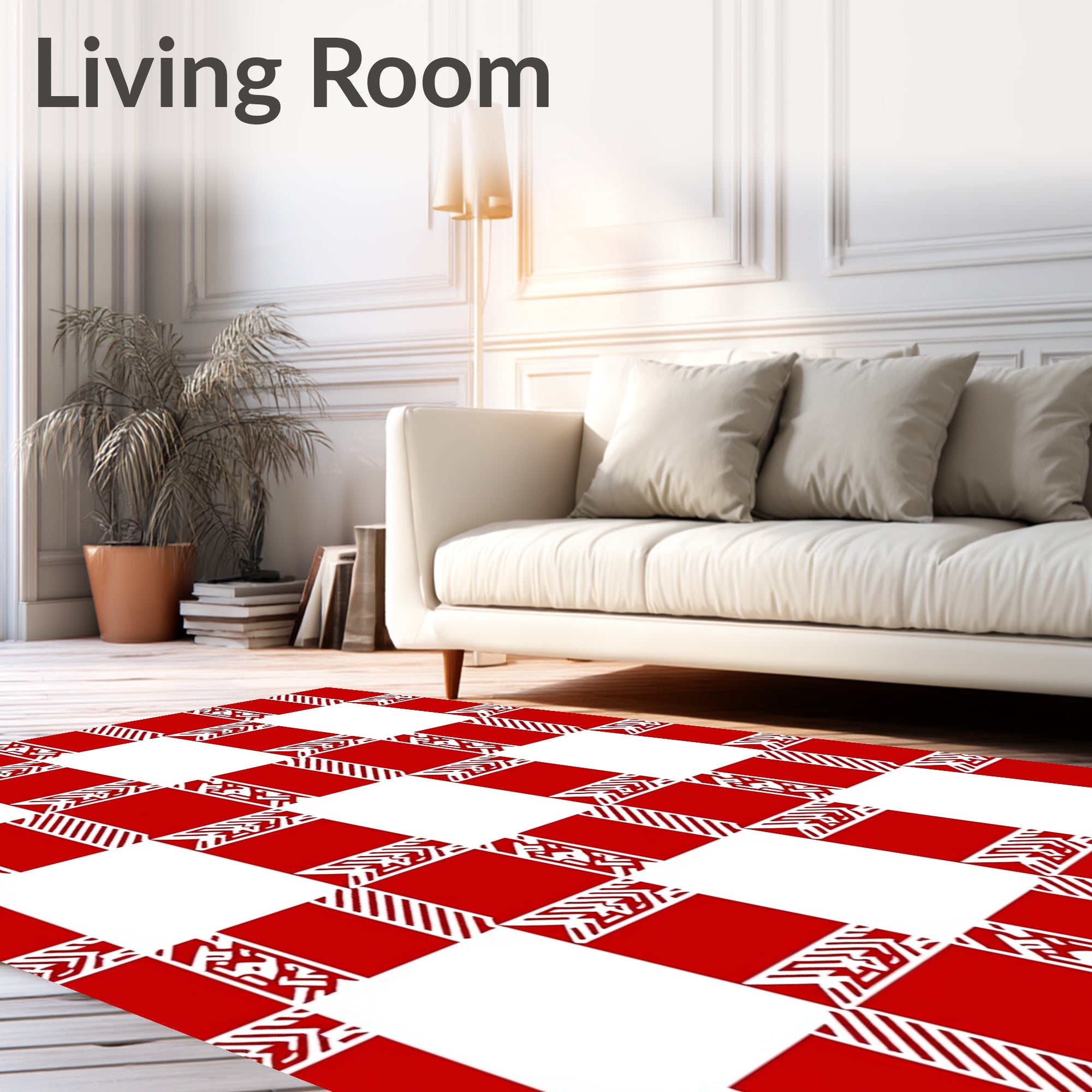 Red White Geometric Check Design Rug