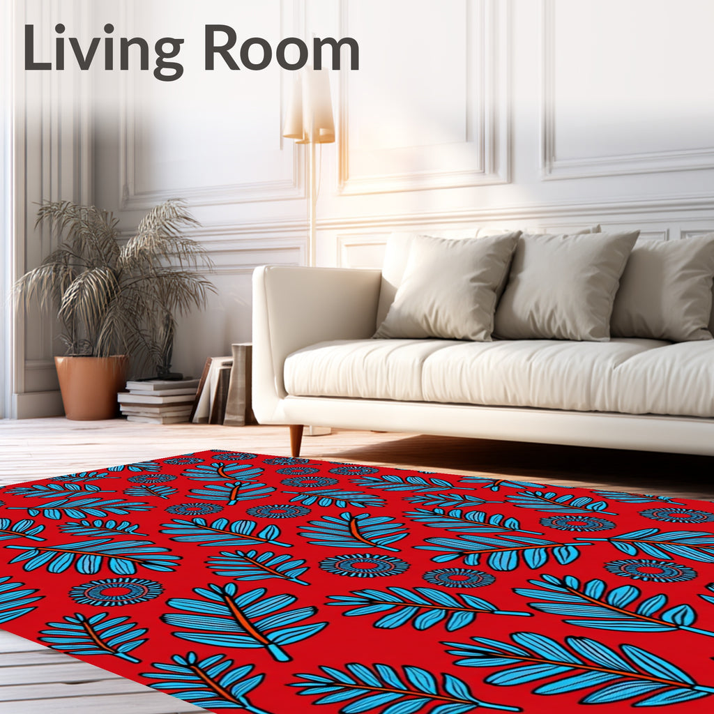 Bold Red Blue Foliage Pattern Rug