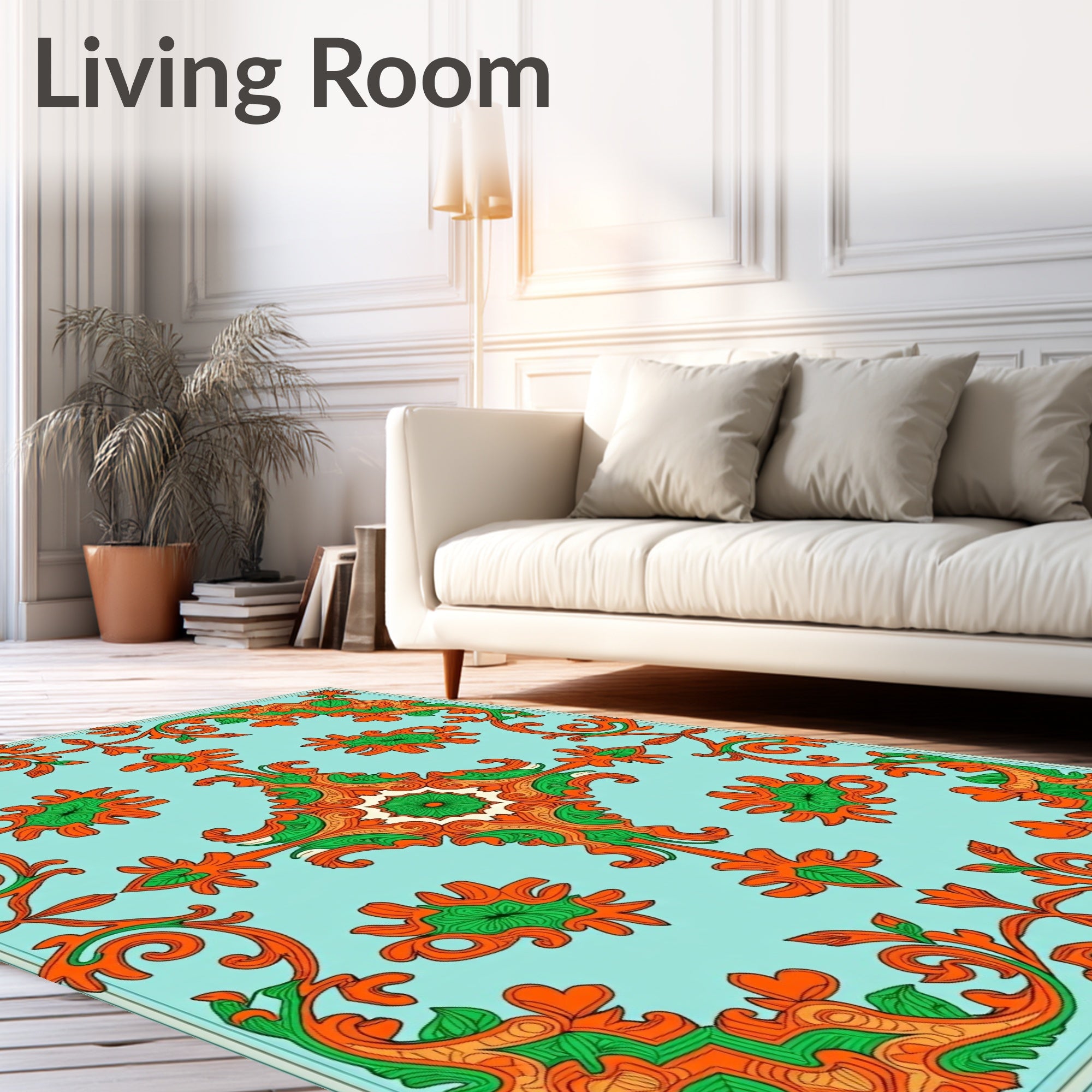 Aqua Orange Green Floral Scroll Rug