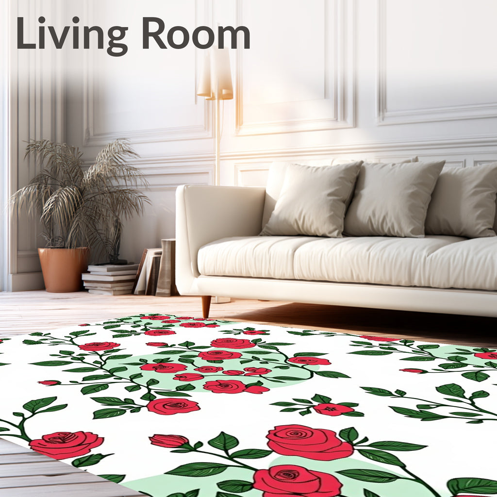 Classic Red Rose Floral Branch Pattern Rug