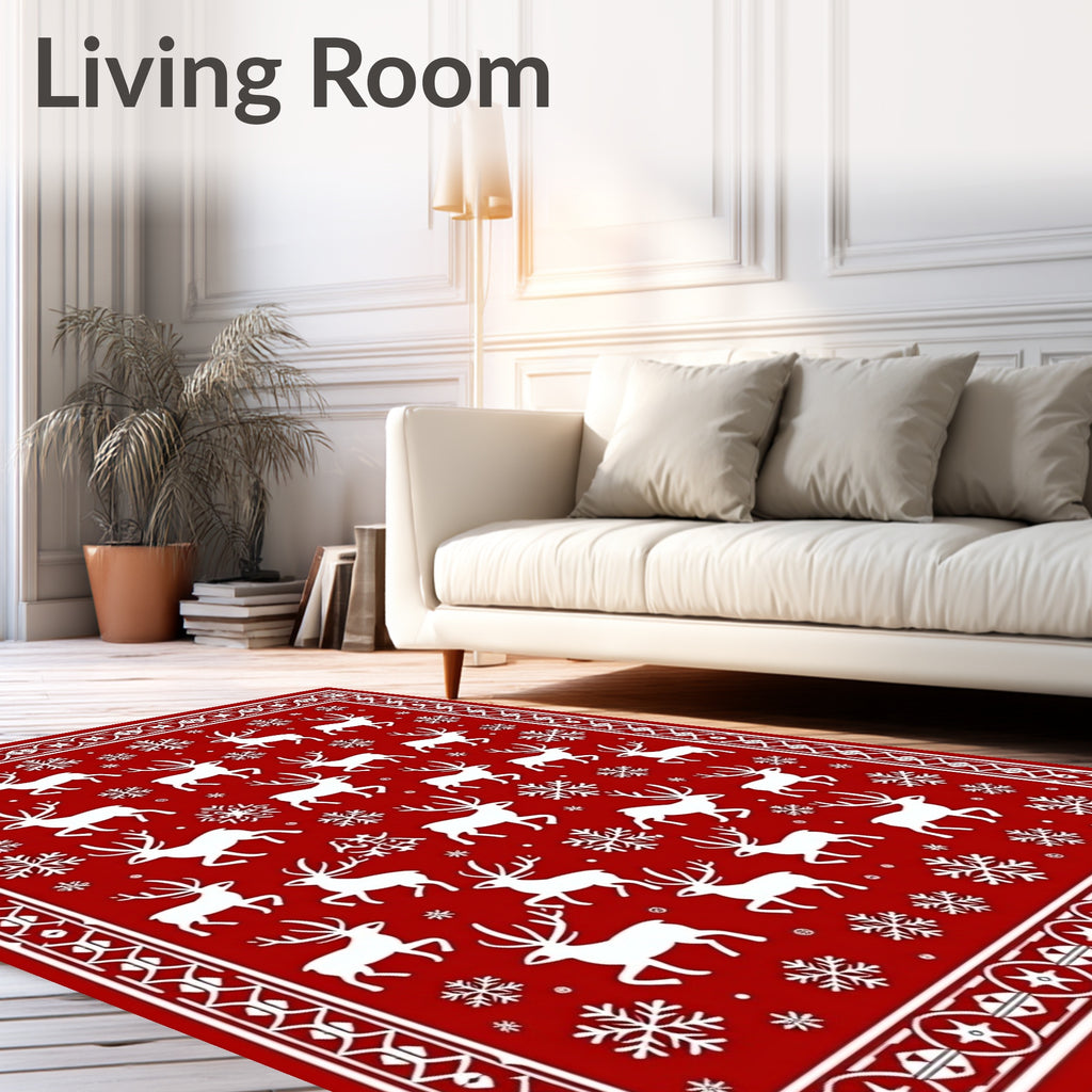 White Reindeer Snowflake Festive Pattern Rug