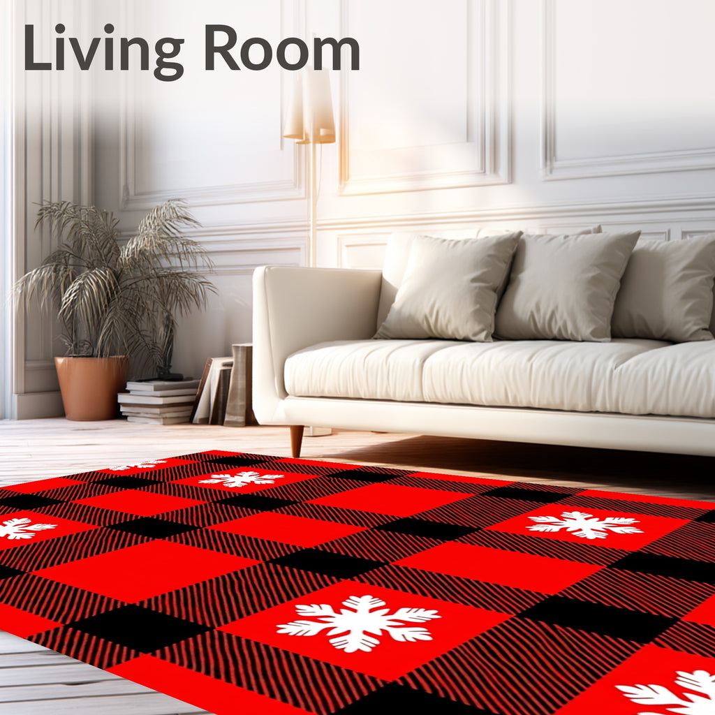Red Black Buffalo Plaid Snowflake Design Rug
