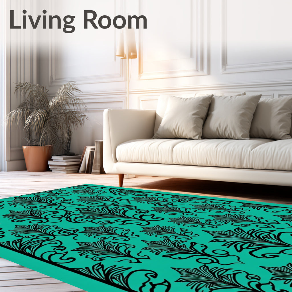 Damask Black On Teal Pattern Rug