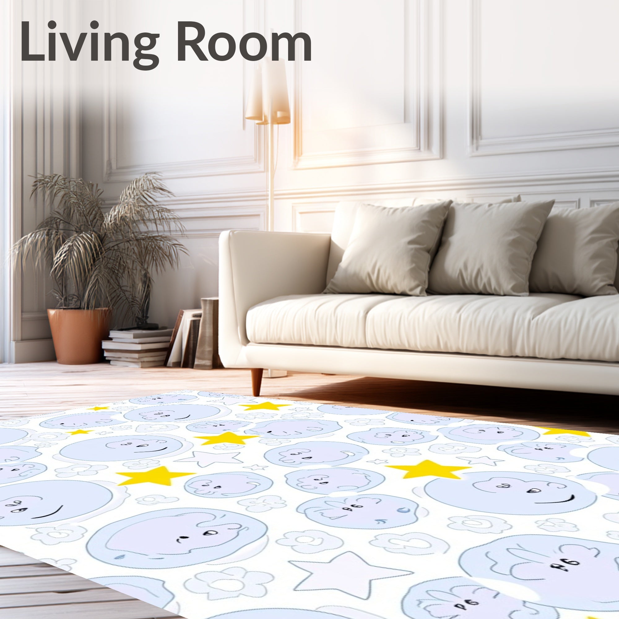 Whimsical Blue Faces Yellow Stars Rug