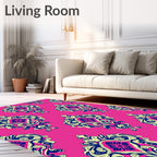 Vibrant Pink With Blue Yellow Damask Pattern Rug