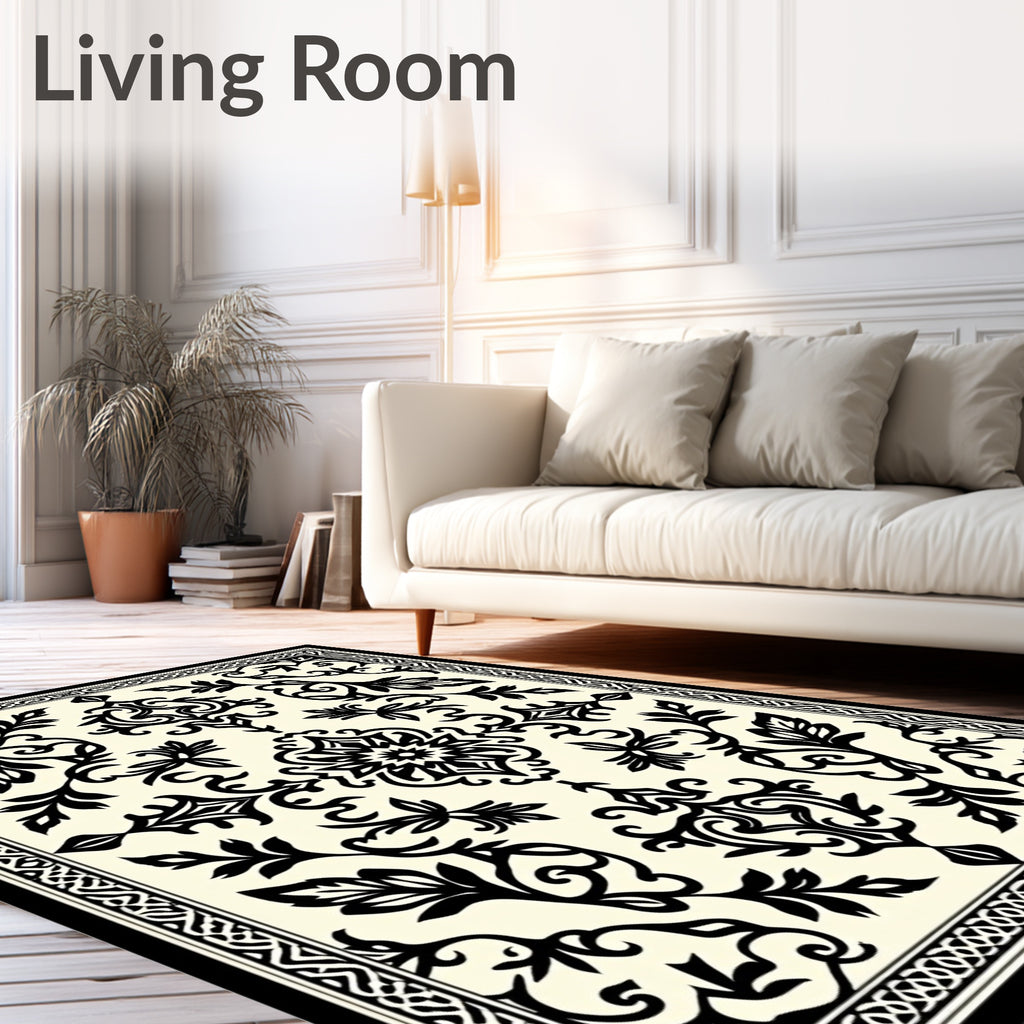 Elegant Black Floral Symmetry Design Rug