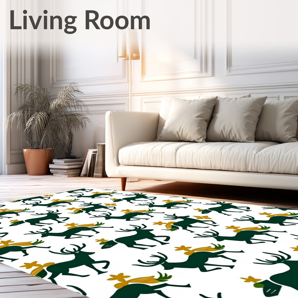 Dark Green Antlered Deer With Gold Accent Rug