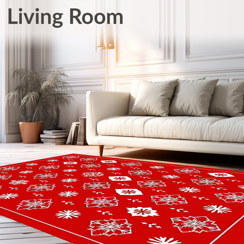 Red White Scandinavian Snowflake Pattern Rug