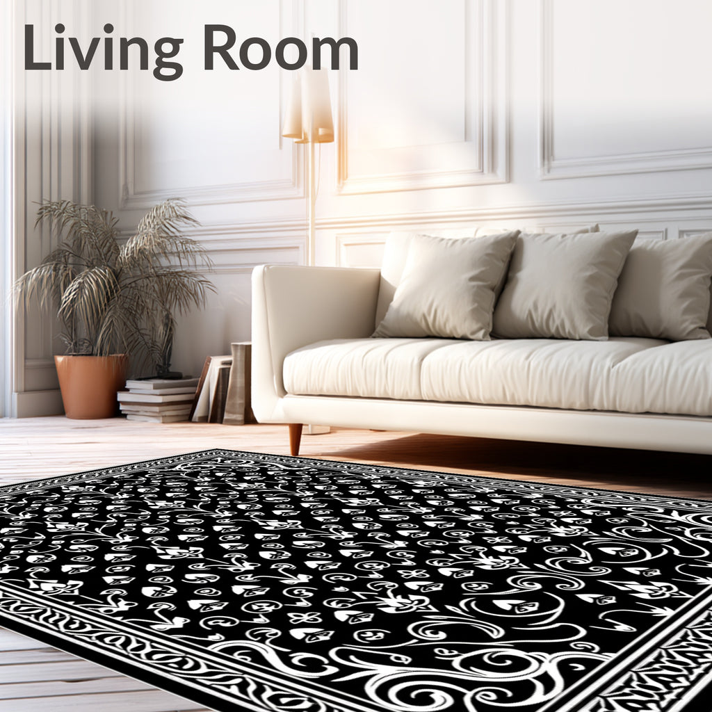 Classic Black White Floral Scroll Rug