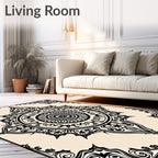 Ornate Black Cream Mandala Design Rug