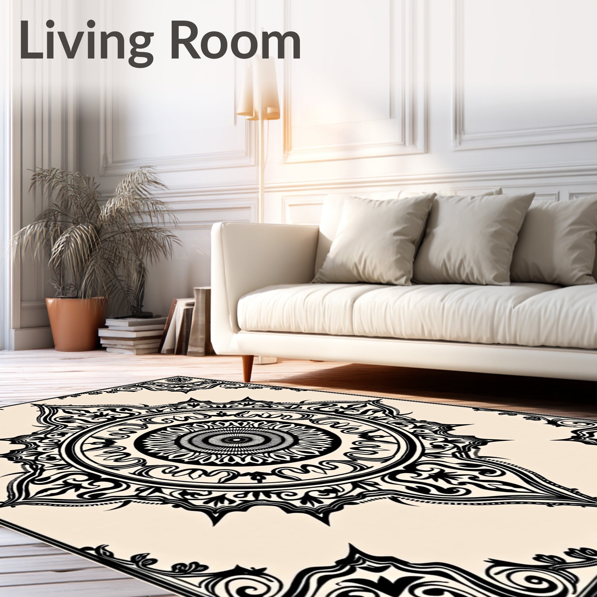 Ornate Black Cream Mandala Design Rug