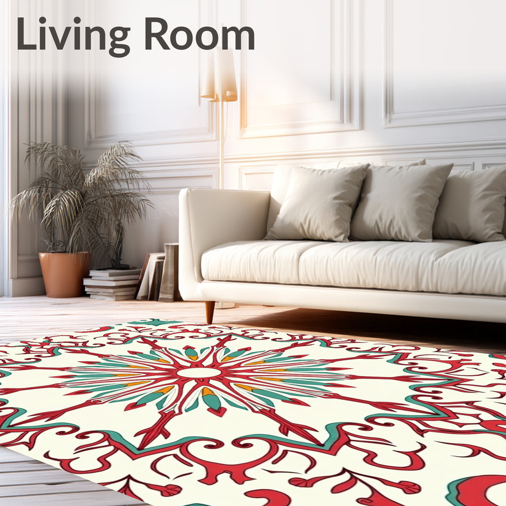 Red Teal Sunburst Mandala Design Rug