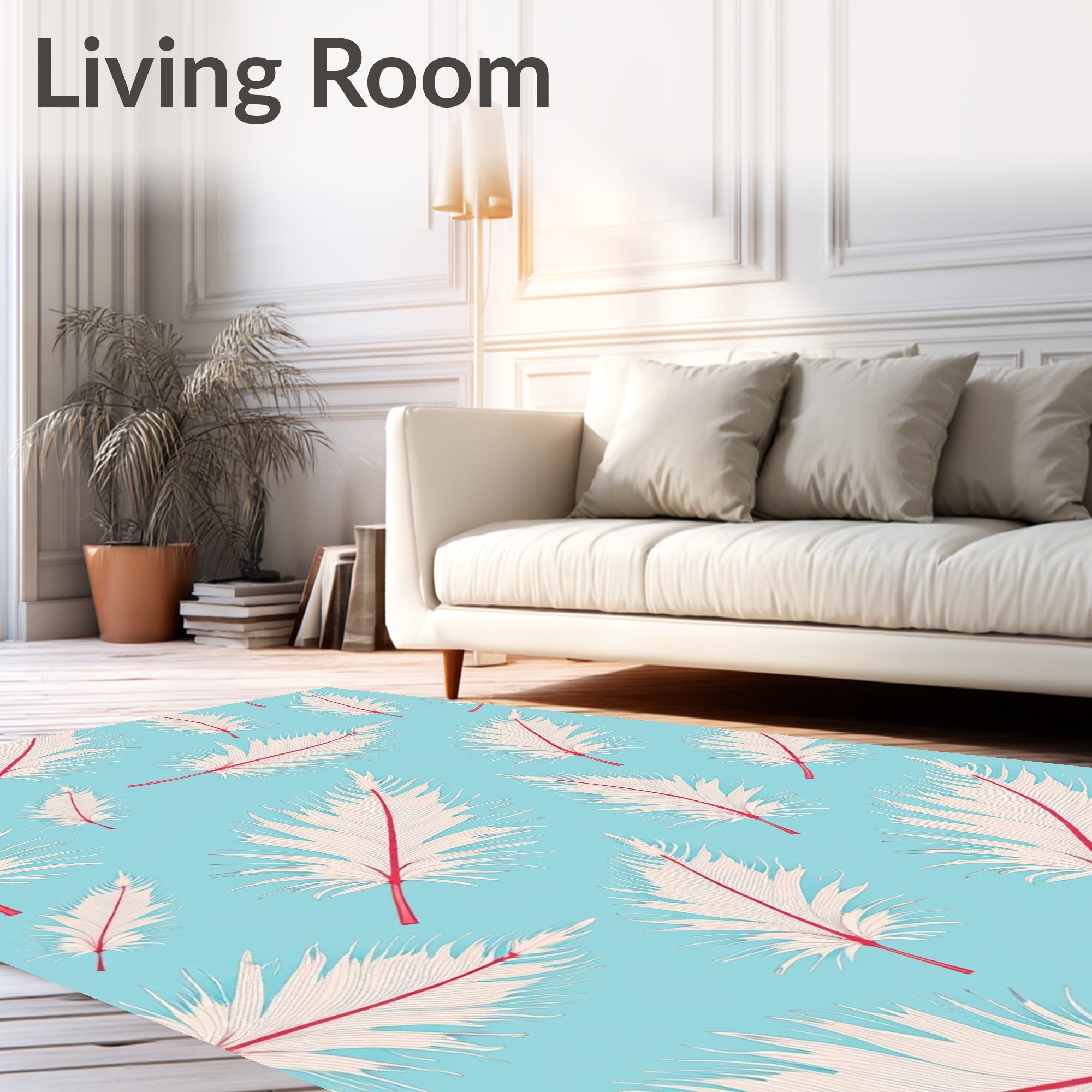 White Feather Design With Red Accents Rug