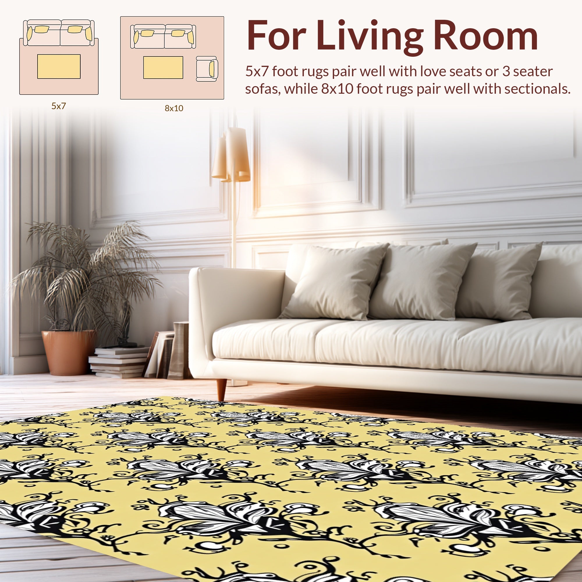 Black White Floral Vine Pattern Rug