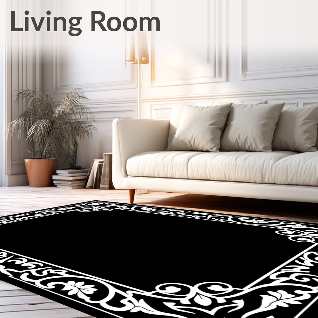 Classic White Floral Scroll Border Rug