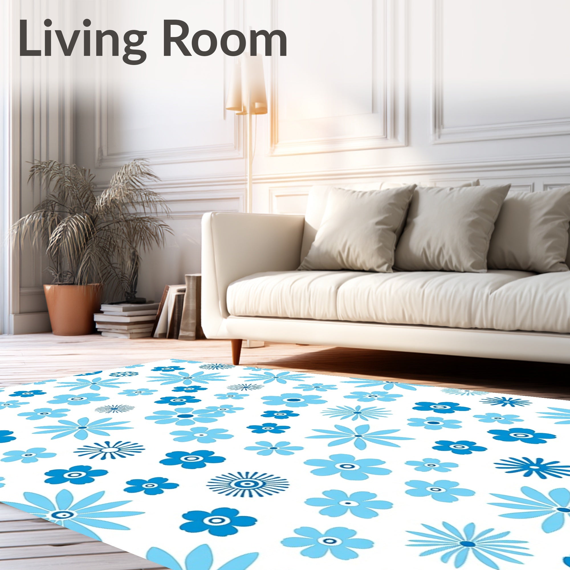 Retro Blue Floral Bloom Pattern Rug