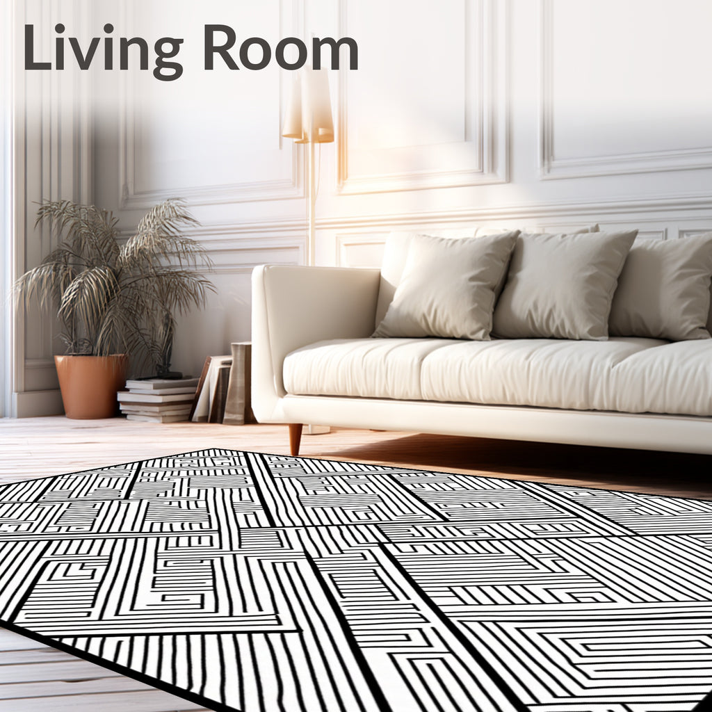 Intricate Black White Maze Pattern Rug