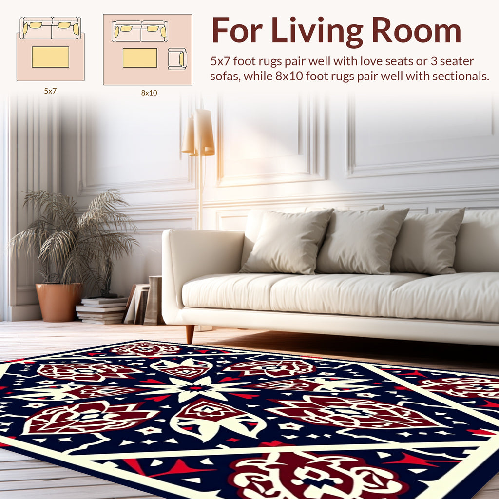 Crimson Floral Symmetry Dark Blue Rug