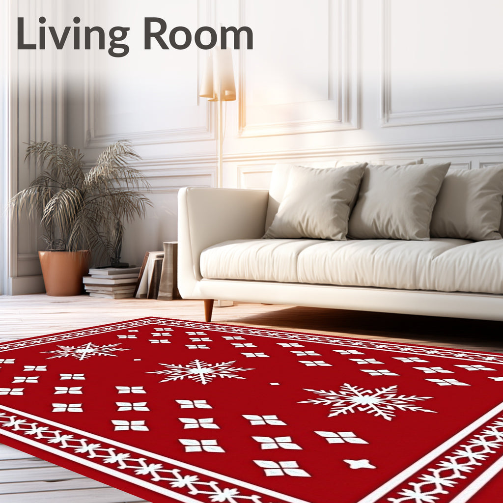 Red Snowflake Patterned Festive Rug