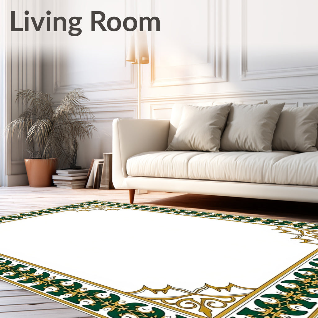 Ornate Green Gold Decorative Border Rug