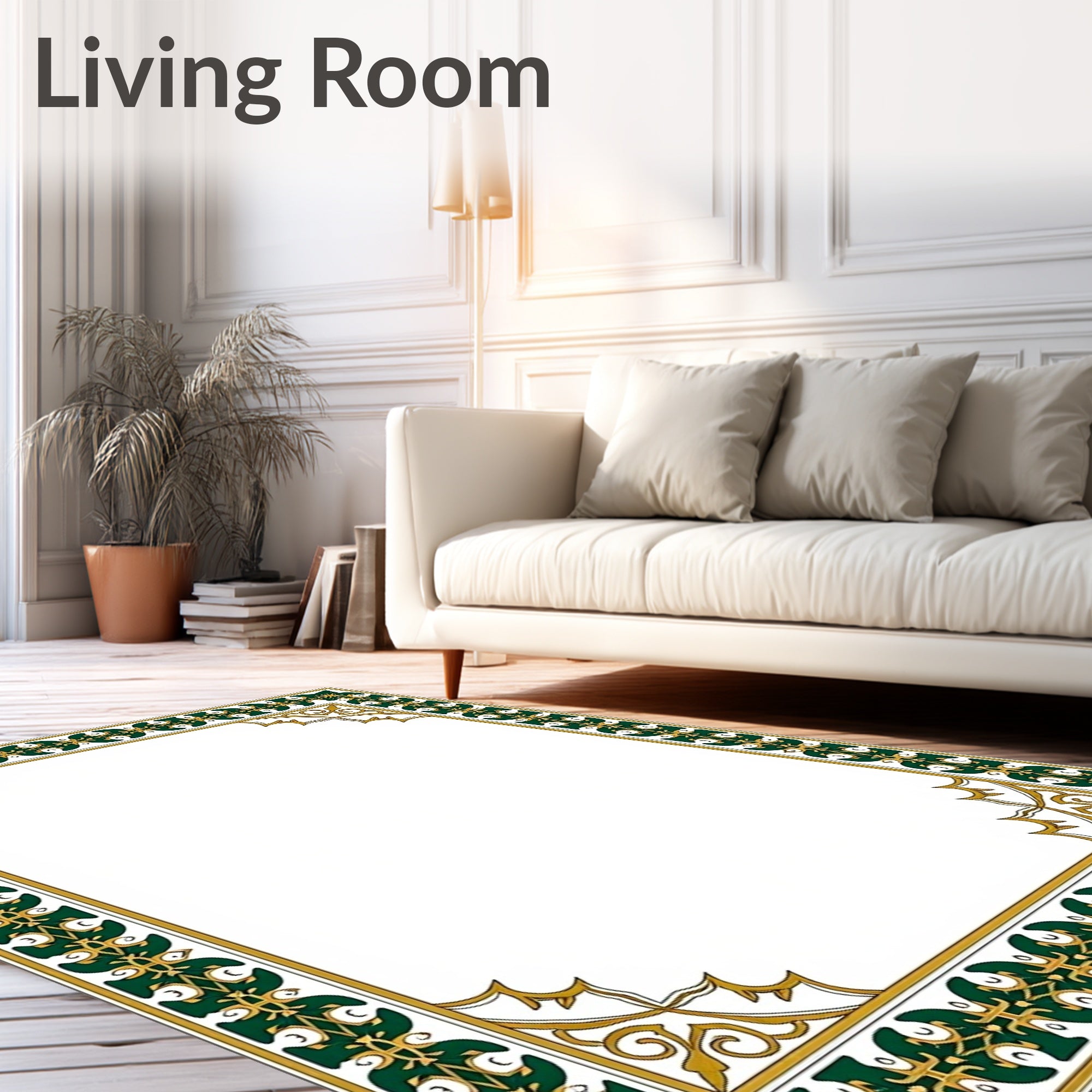 Ornate Green Gold Decorative Border Rug