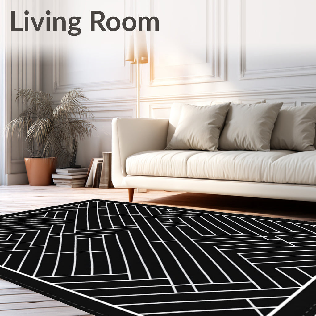 Bold Black White Geometric Maze Rug