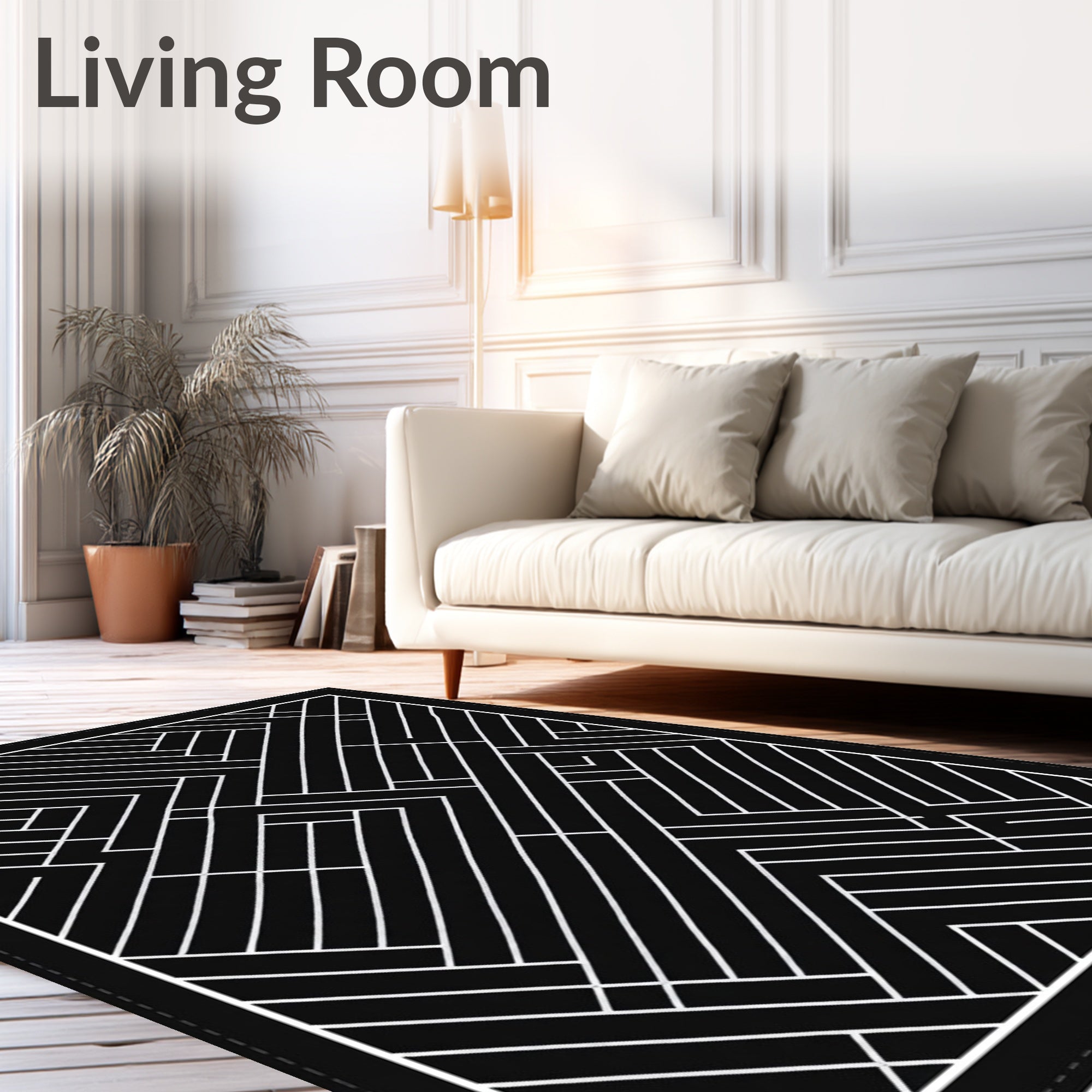 Bold Black White Geometric Maze Rug