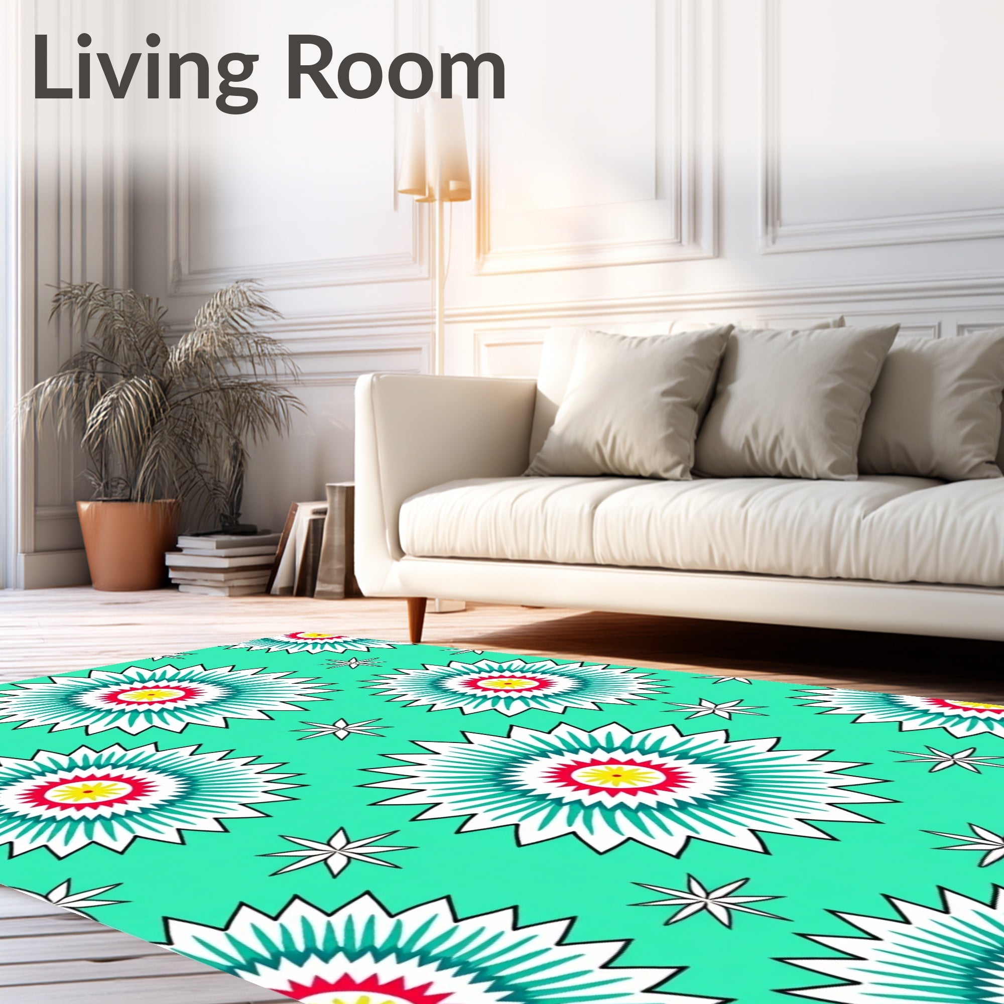 Bright Teal Sunburst Floral Pattern Rug