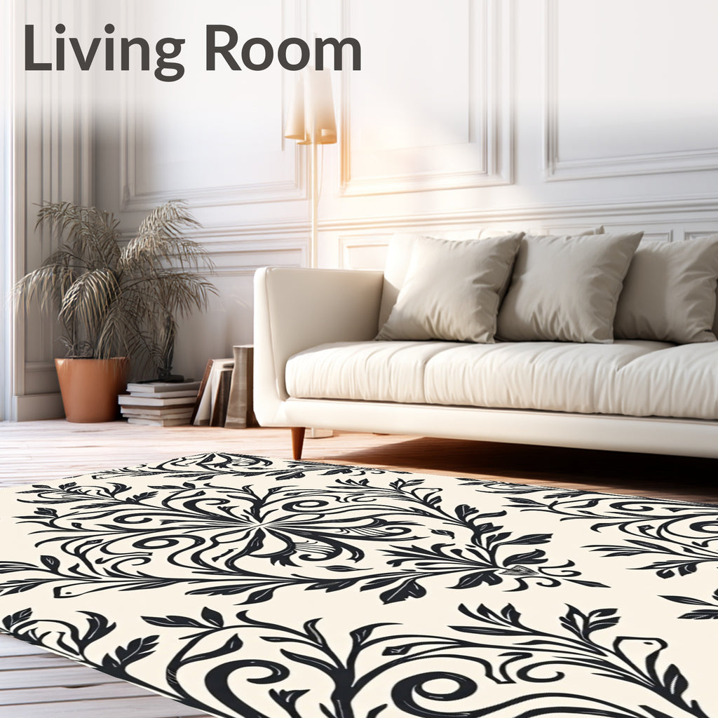 Classic Black Floral Damask Pattern Rug