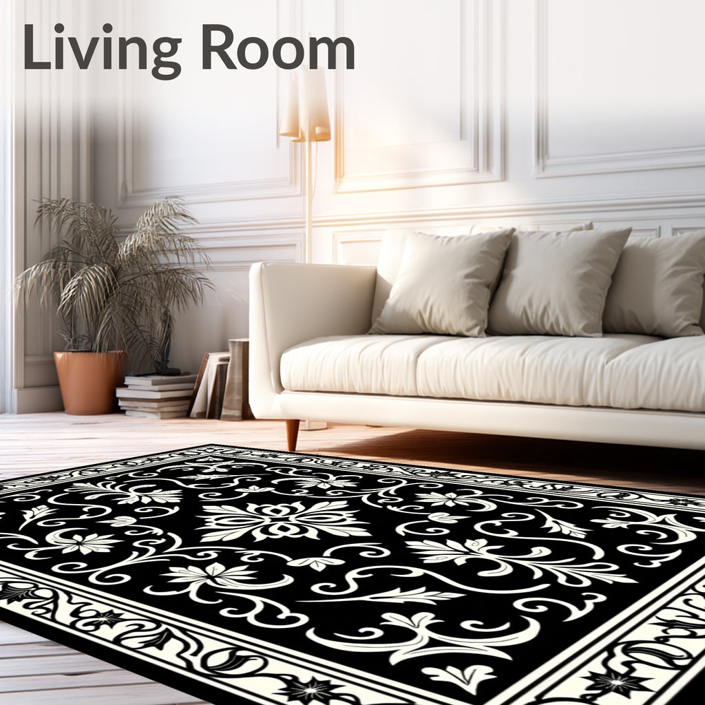 Classic Floral Scrollwork Black White Rug