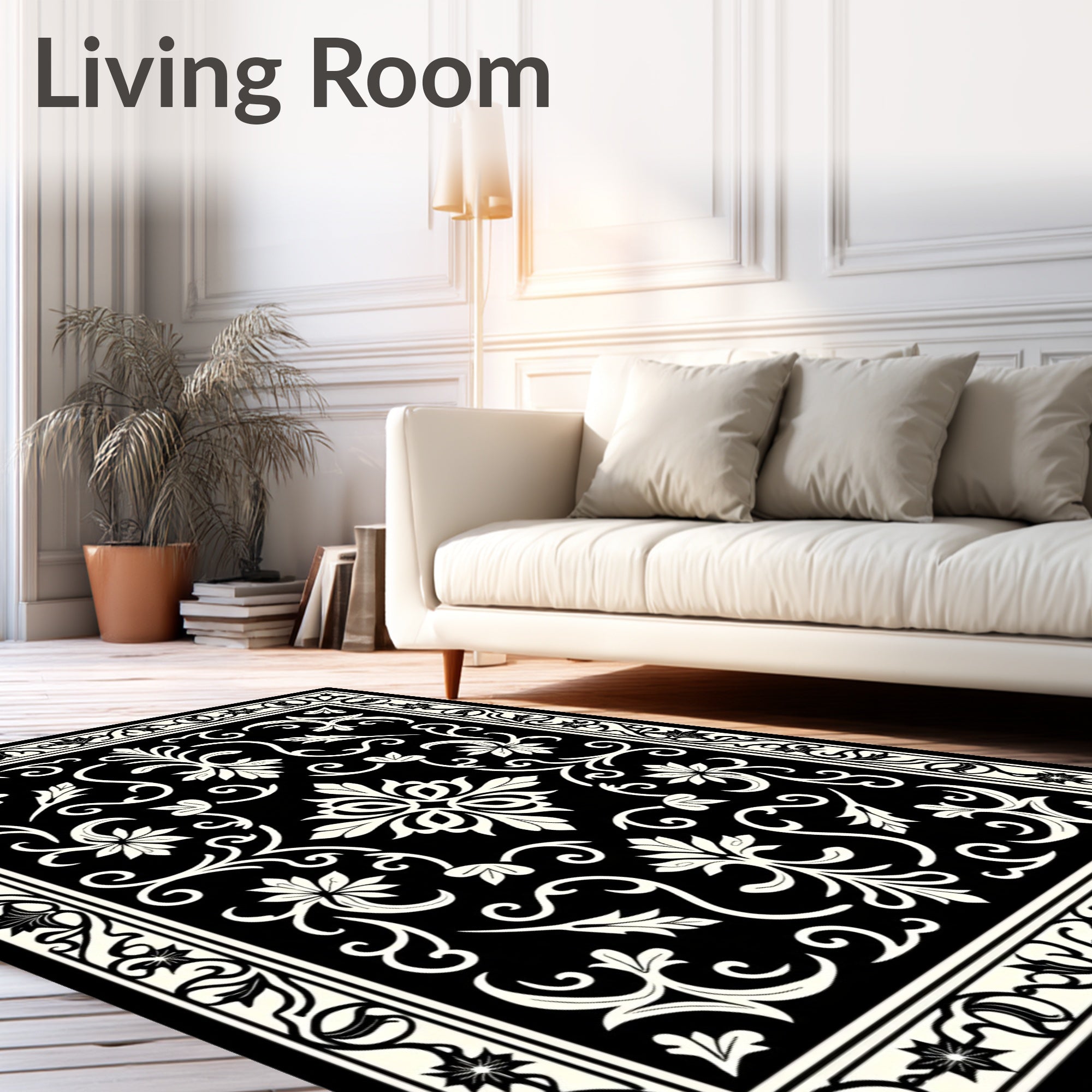 Classic Floral Scrollwork Black White Rug