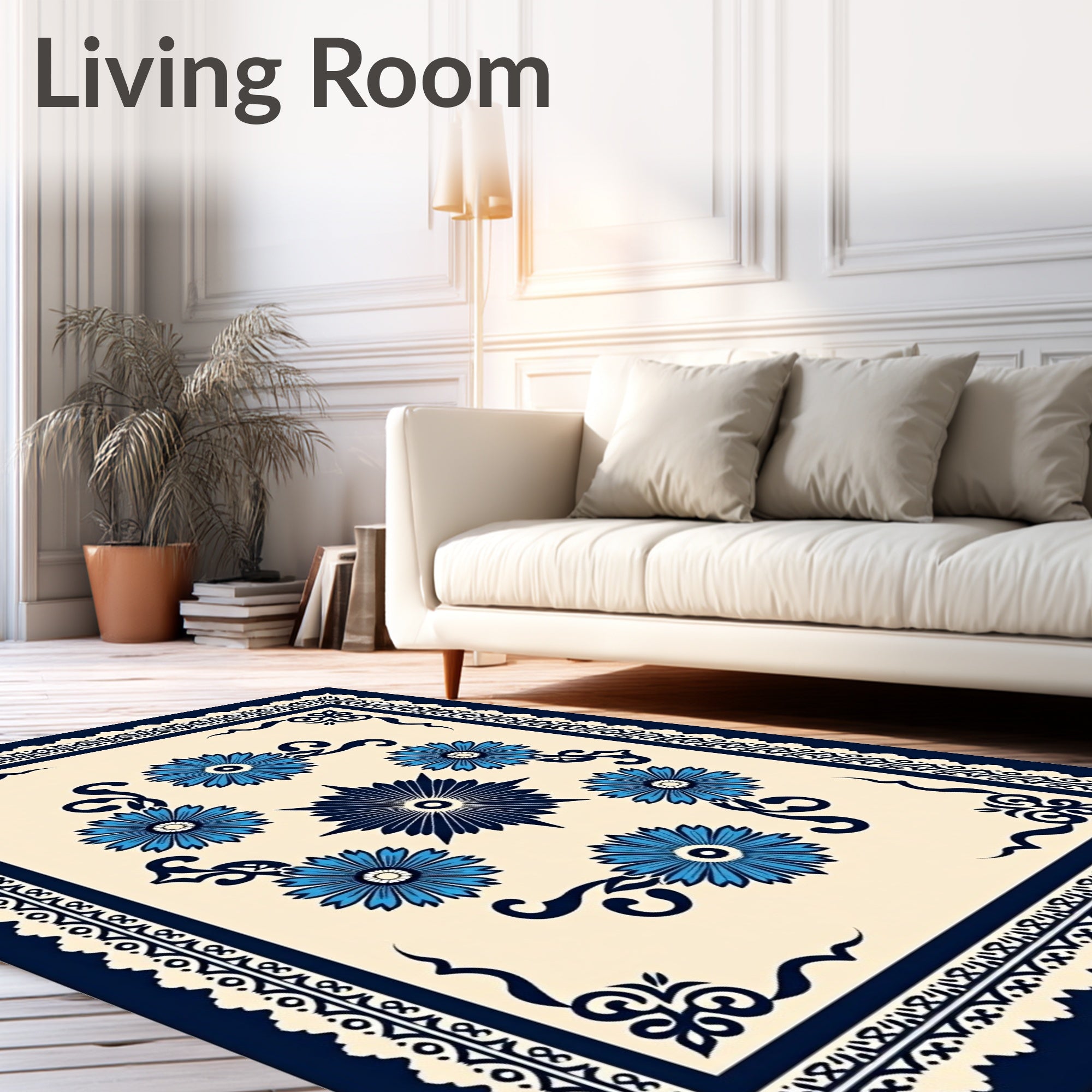 Blue Floral Medallion Cream Rug