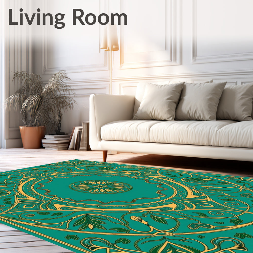Elegant Teal and Gold Botanical Scroll Design Rug