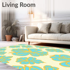 Aqua Gold Floral Damask Pattern Rug
