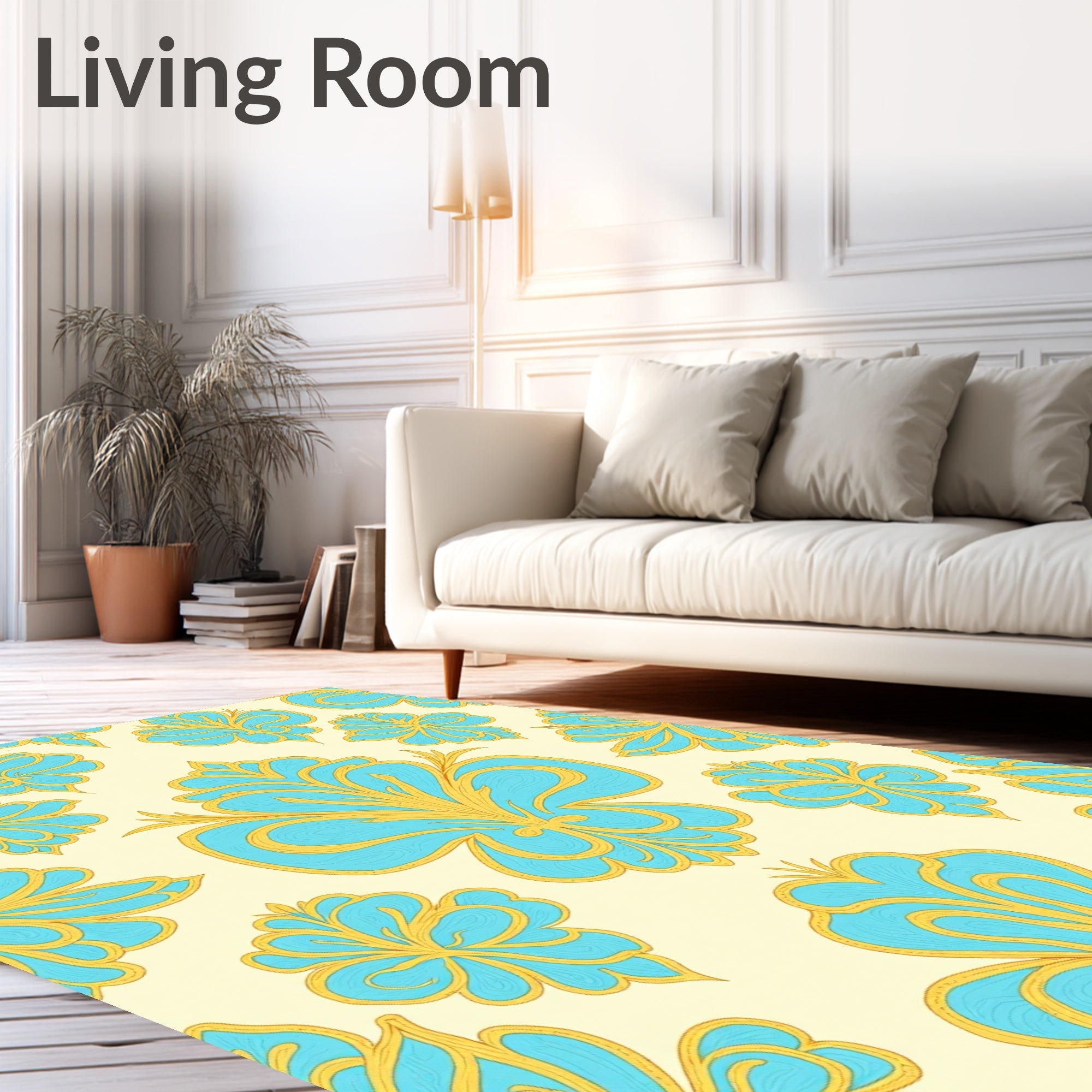 Aqua Gold Floral Damask Pattern Rug