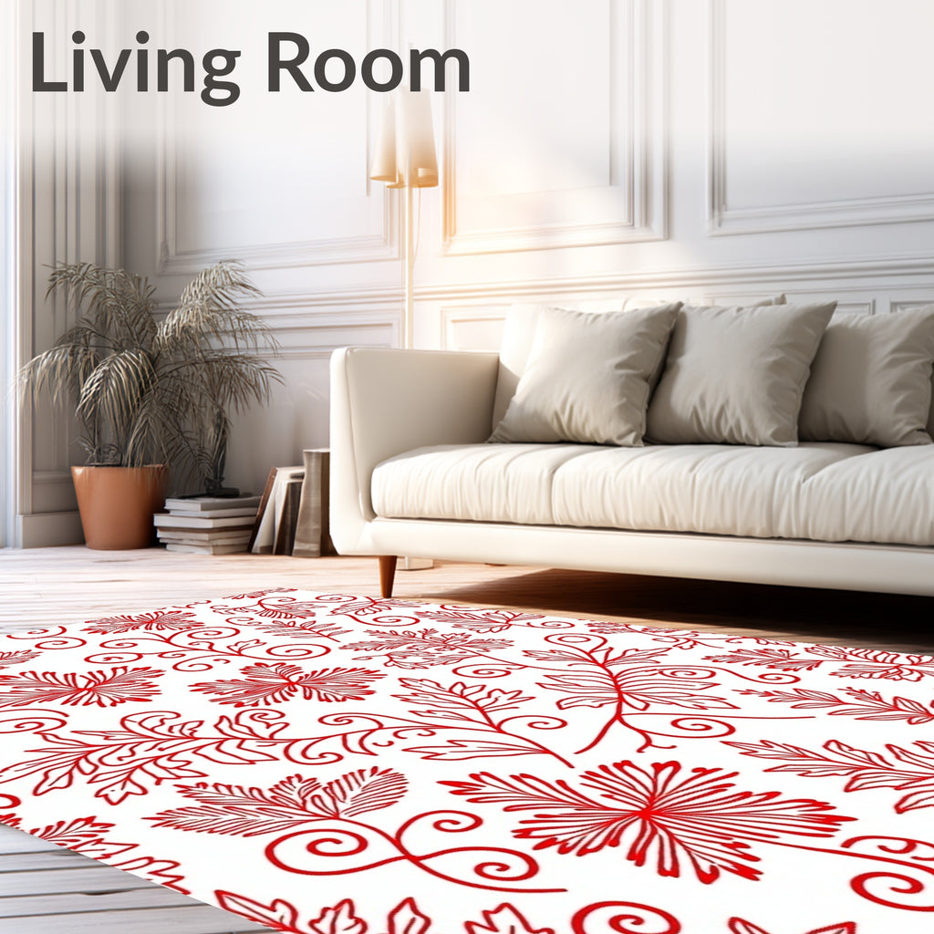 Crimson Red Floral Botanical Swirl Rug