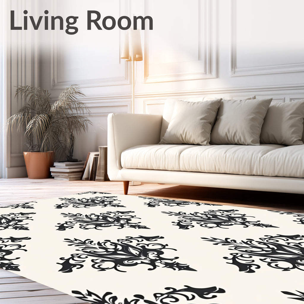 Classic Black Damask Scroll Pattern Rug