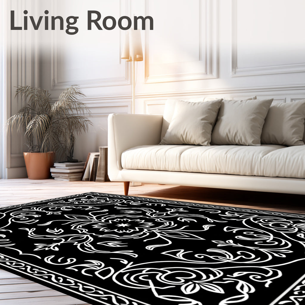 Monochromatic Ornate Floral Scroll Pattern Rug