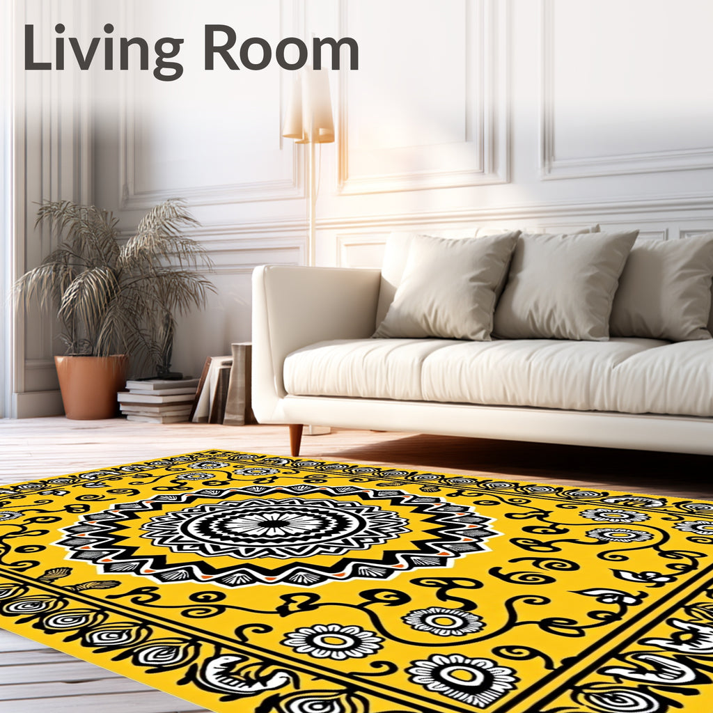 Sunny Yellow Exotic Floral Mandala Rug