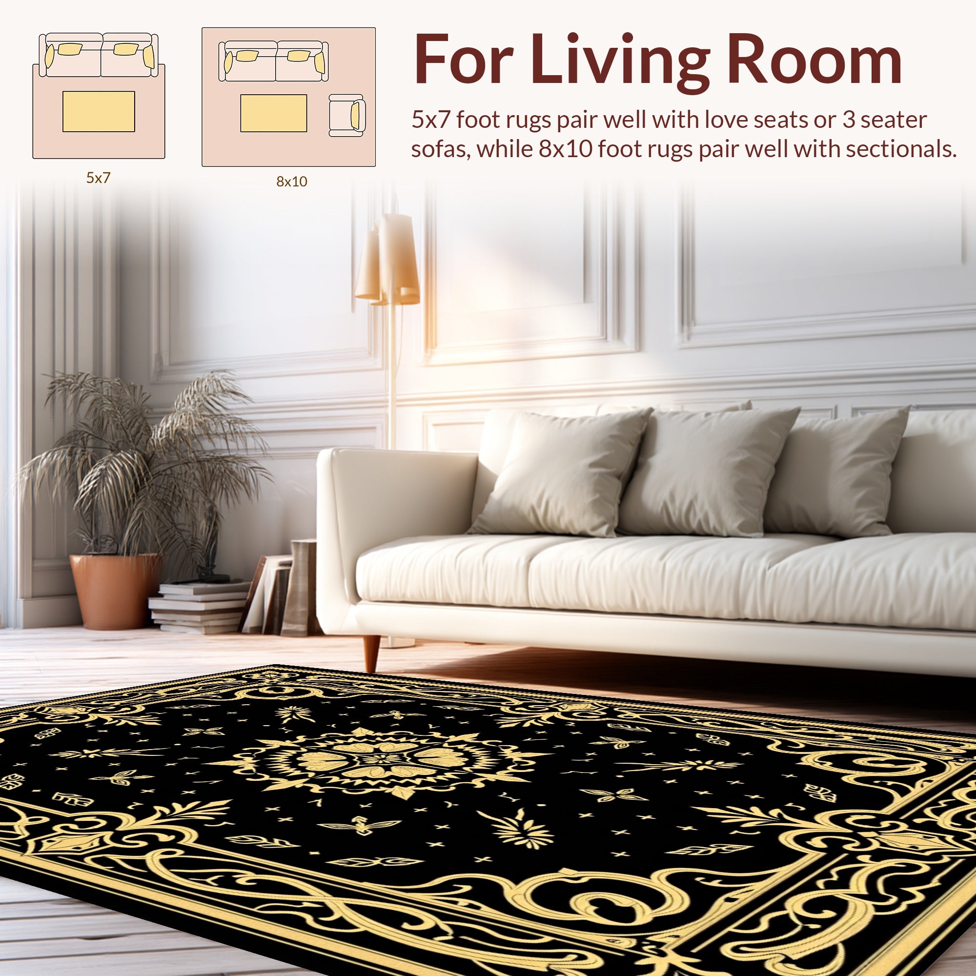 Elegant Black Gold Floral Border Rug
