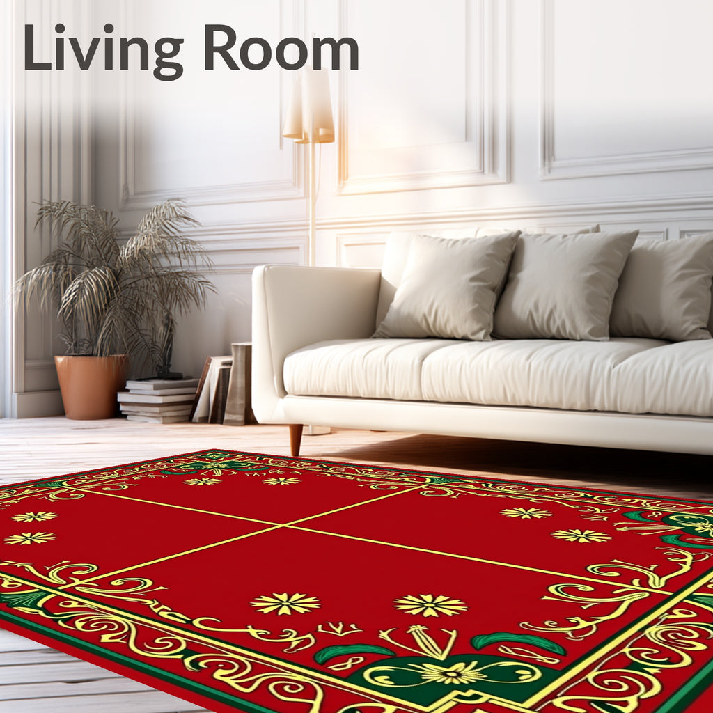 Rich Red Floral Border Pattern Rug