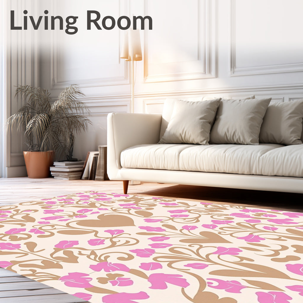 Pink Tan Floral Heart Damask Scroll Rug