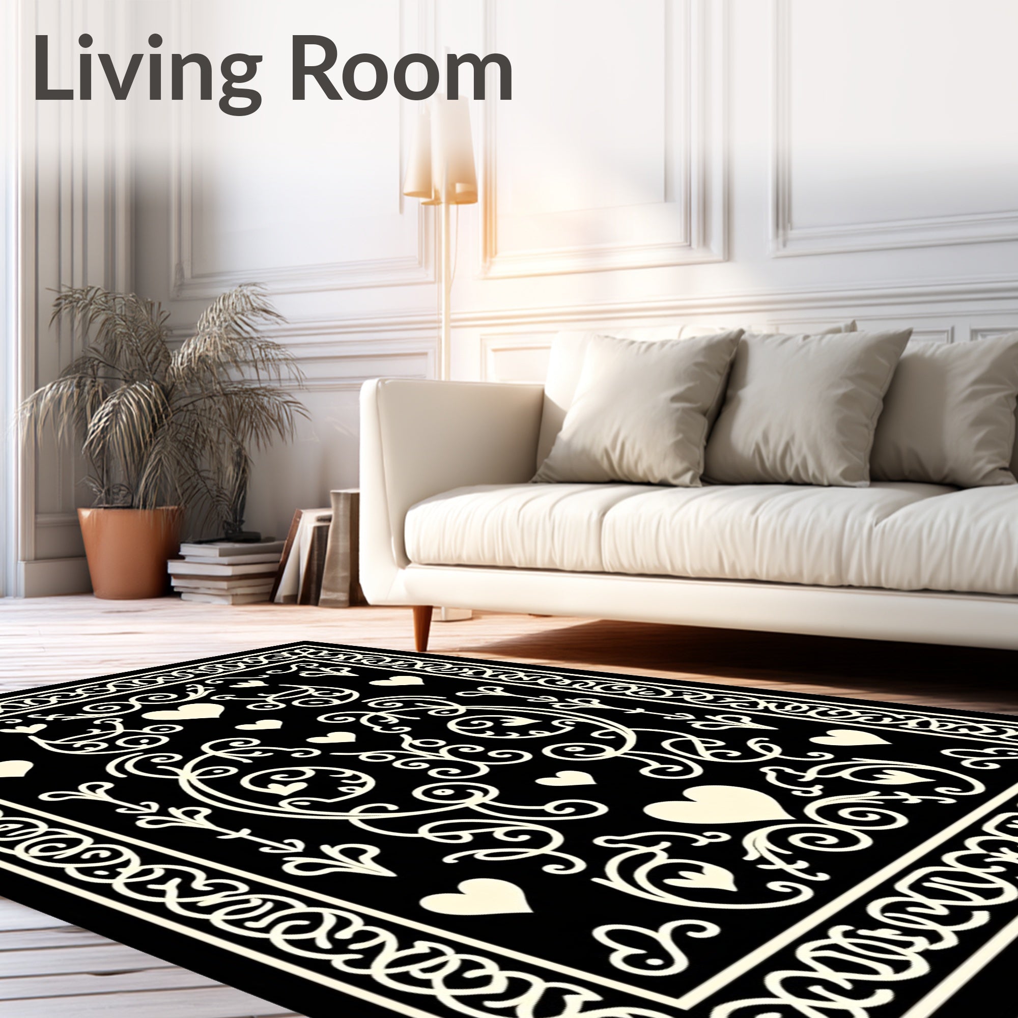 Cream Hearts Scrollwork Black Rug