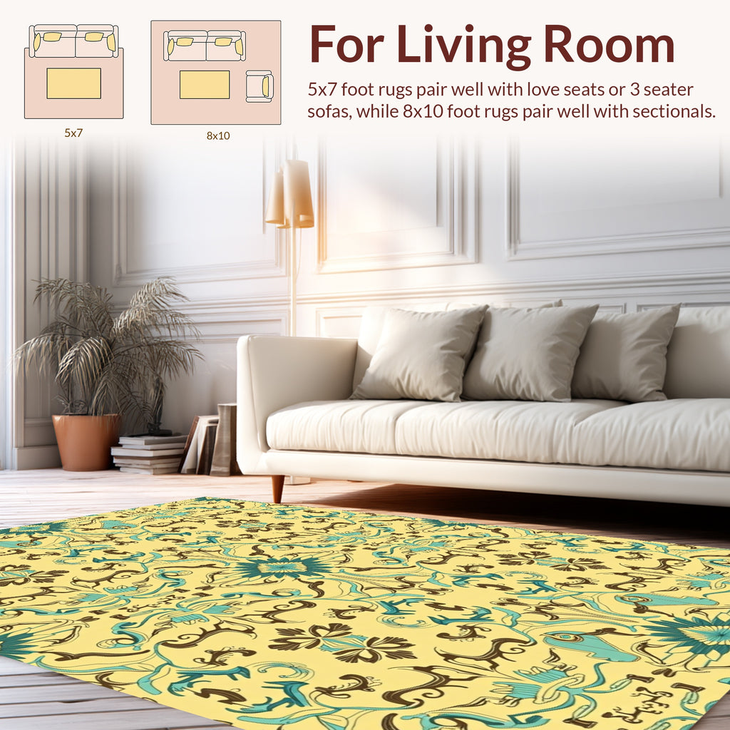 Vibrant Teal Brown Floral Pattern Rug