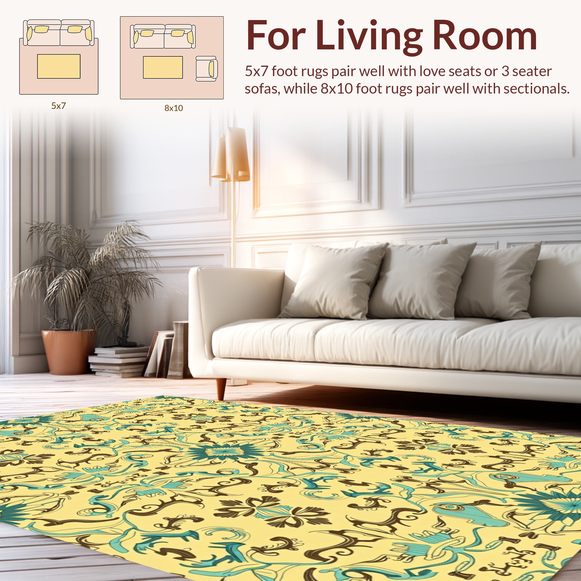 Vibrant Teal Brown Floral Pattern Rug